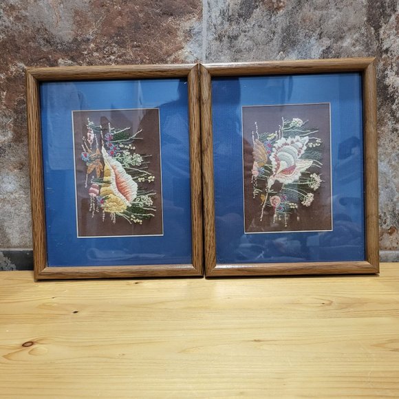 VTG Crewel Embroidery Pair Seashells Wildflowers Framed Hanging Wall Decor - Picture 5 of 13